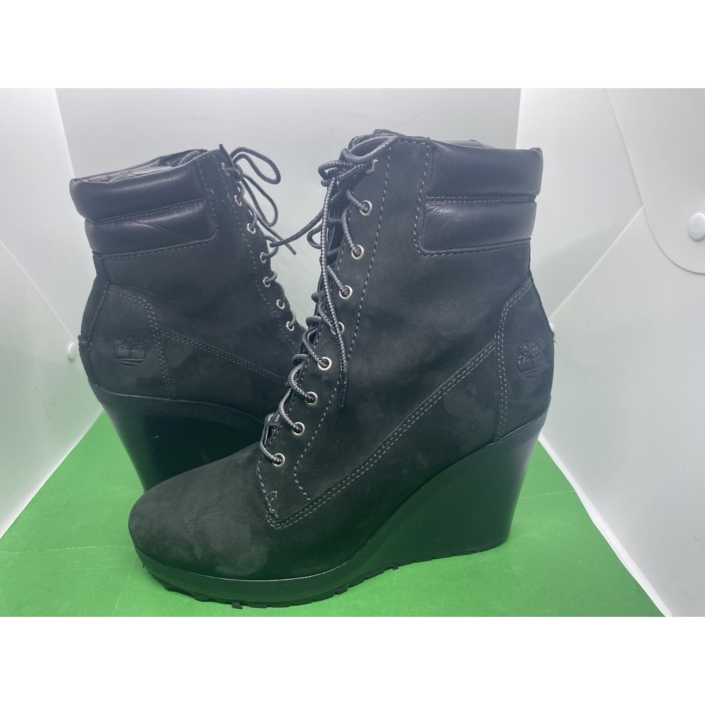 Timberland Lace Up Wedge Boots Womens 9M Black Leather Booties